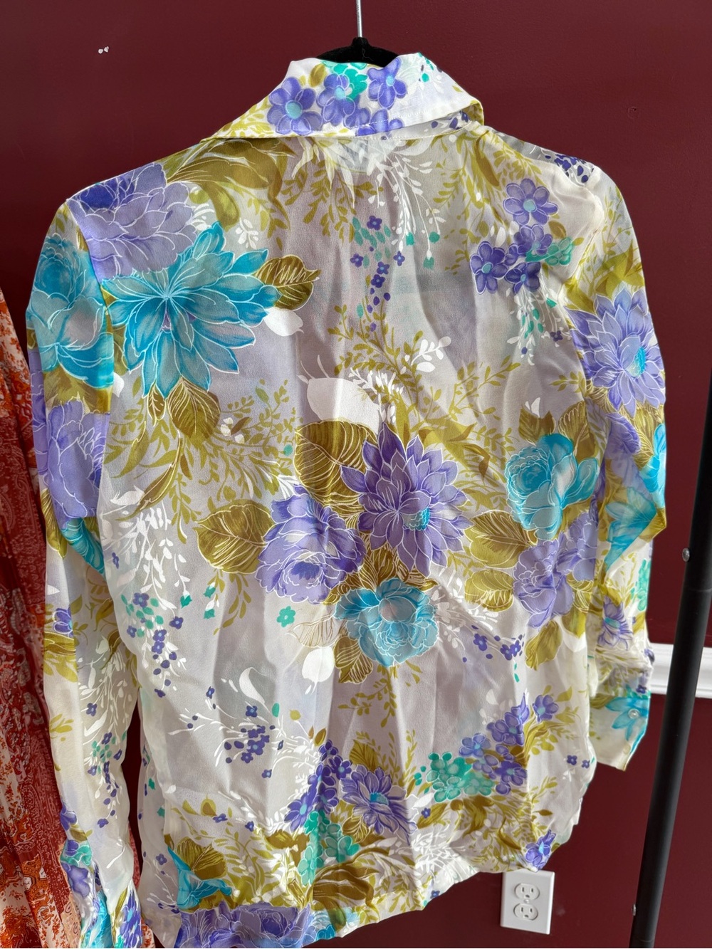 Floral Button-Up Sheer Blouse in Lavender & Aqua - Picture 6 of 6